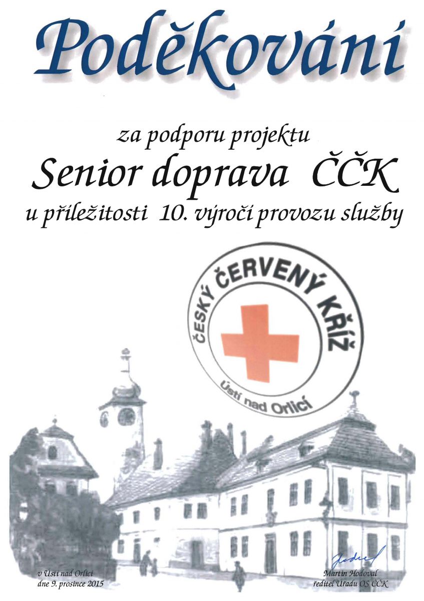 Poděkování za podporu projektu Senior doprava ČČK